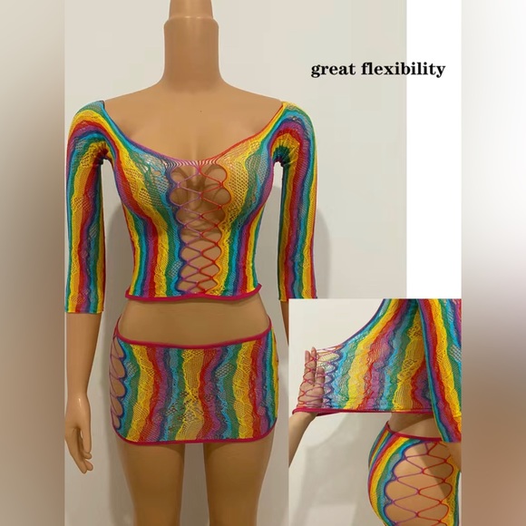 Sexy Bodycon Fish Net Teddy Rainbow 2 Piece Skirt and Top Set - Picture 6 of 6
